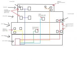 Schemat instalacji grzewczej z rozdzielaczem 6-obwodowym, pokazujący rozmieszczenie grzejników w budynku.