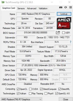 Zrzut ekranu programu TechPowerUp GPU-Z z informacjami o karcie graficznej AMD Radeon R7.