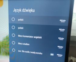 Menu wyboru języka dźwięku na ekranie telewizora JVC z różnymi opcjami.