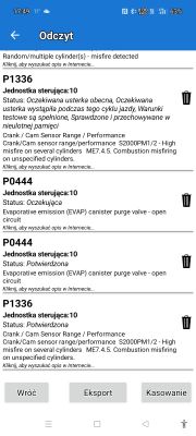 Zrzut ekranu z aplikacji diagnostycznej pokazujący kody błędów P1336 i P0444.