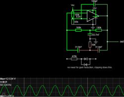 Simulation of an electrical circuit with a Colpitts oscillator showing a 50 Hz waveform.