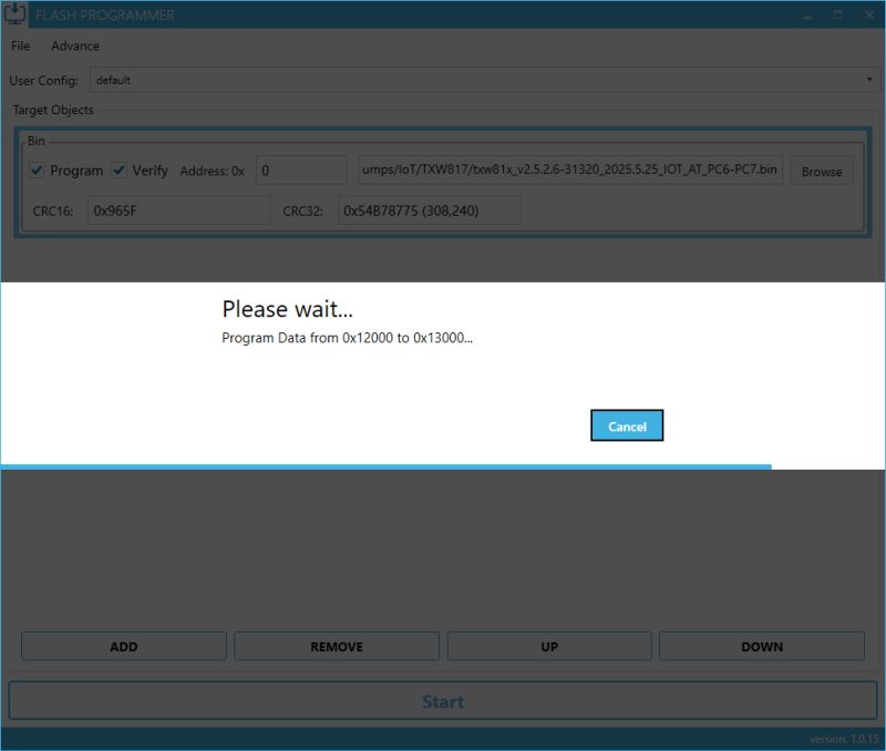 Flash Memory Programming – Waiting Message Flash Programmer window with a Please wait… message during programming data.