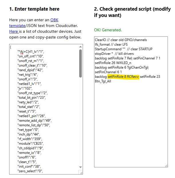 Editor view with JSON OBK template and generated configuration script
