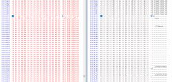 View of binary data comparison in hex editor.