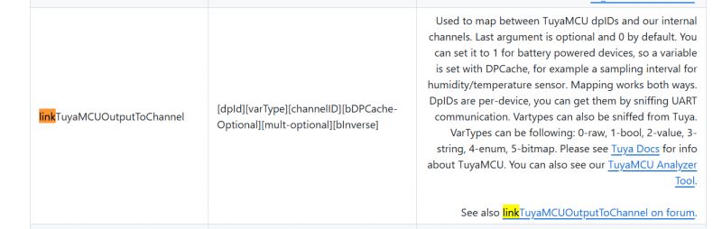 Screenshot of documentation related to TuyaMCU, showing a table with links and parameters.