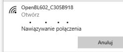 Screenshot showing Wi-Fi connection in progress to network OpenBL602_C305B918 with Connecting message.
