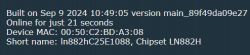 Screen showing device information with build date, online time, MAC address, and chipset name.