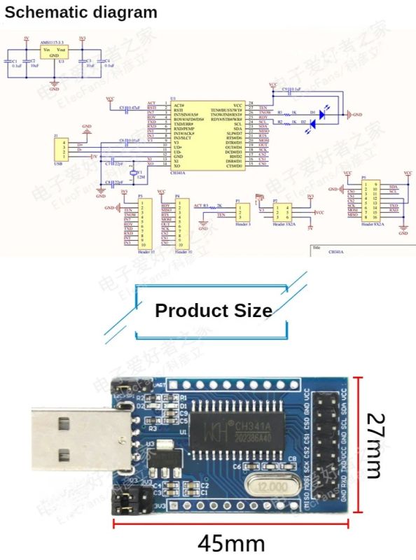 Schematic of the CH341A circuit and its dimensions.