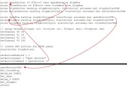 Script code fragment for shutter control with comments and red arrows.