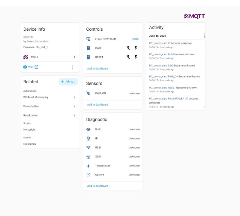 Home Assistant dashboard showing PWR and RESET controls and an MQTT activity log