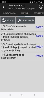 Zrzut ekranu z aplikacji diagnostycznej dla samochodu Peugeot 407 z błędami diagnostycznymi.