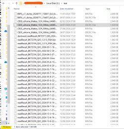 Screenshot of a file explorer showing a list of .bin and .DECRC files in a test folder.