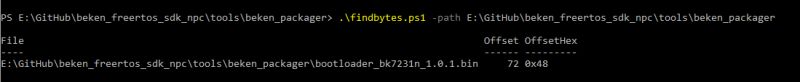 PowerShell screenshot showing output from running findbytes.ps1 script