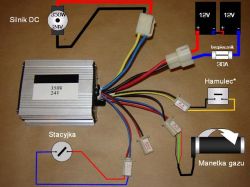 Schemat podłączenia kontrolera silnika elektrycznego 350W 24V z widocznymi przewodami i oznaczeniami.