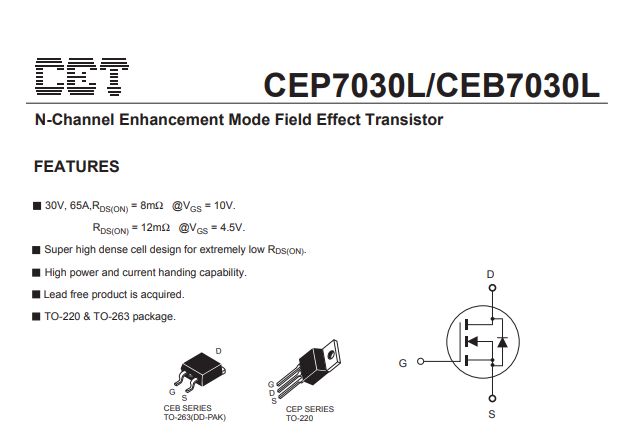 Fragment noty katalogowej tranzystora MOSFET CEB7030L z zaznaczeniem parametrów i schematem wyprowadzeń.