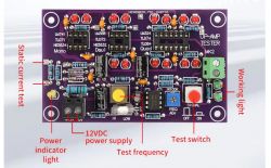 Op-amp tester circuit board with function labels.
