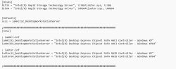 Zrzut ekranu z pliku konfiguracyjnego sterownika Intel Rapid Storage (iaStor) z sekcjami Disks i Defaults