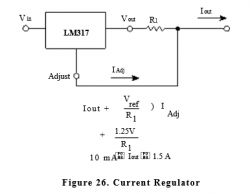 Schemat regulatora prądu z użyciem LM317 z oznaczeniami napięć i rezystora R1.