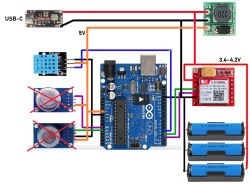Schemat z Arduino, czujnikiem temperatury oraz modułami zasilającymi.