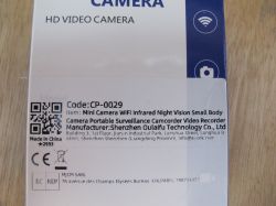 HD Mini Camera Label with Wi-Fi and Night Vision Features HD video camera package label with product code and manufacturer details