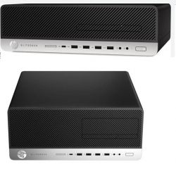 Obraz dwóch obudów komputerów HP Elitedesk leżących poziomo.