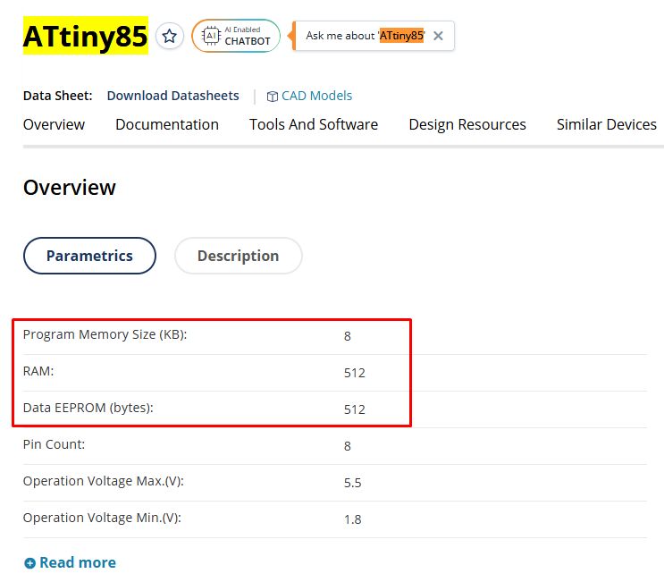 ATtiny85 microcontroller specs with 512 bytes of RAM and 8 KB program memory
