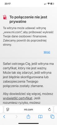 Alert na iPhonie o nieprywatnym połączeniu z witryną mi.com
