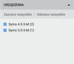 Lista urządzeń z zaznaczonymi falownikami Symo 4.5-3-M i Symo 5.0-3-M