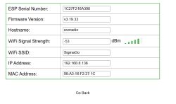 Screenshot of ESP network interface showing Wi-Fi and device status information