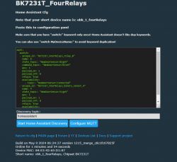 Configuration screen of BK7231T_FourRelays device for Home Assistant with MQTT settings.