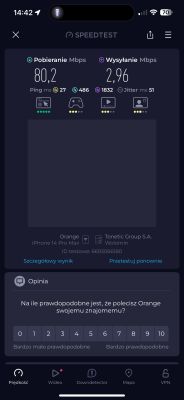 Zrzut ekranu z aplikacji Speedtest z wynikami: 80,2 Mb/s pobierania i 2,96 Mb/s wysyłania.
