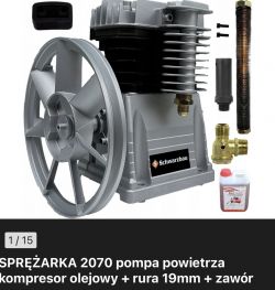 Komplet części do sprężarki Schwarbau, w tym pompa powietrza i akcesoria.