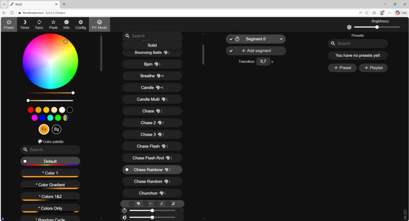 Screenshot of the WLED web UI with a color wheel, effect list, and brightness slider