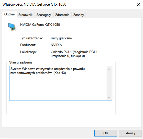Nvidia GPU error code 43 - po zainstalowaniu sterownika do karty i po ...