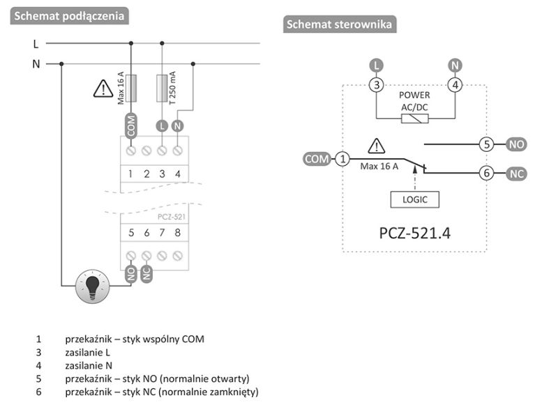 Schemat elektryczny podłączenia zegara programowalnego PCZ-521.4