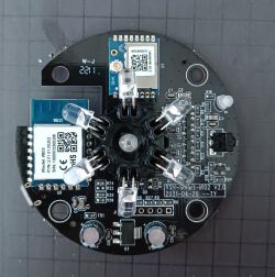 Printed circuit board of a universal infrared remote with electronic components.