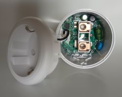 Interior of the JR-PM09 Energy Monitoring Plug View of the interior of the EU Power Monitoring Plug JR-PM09 showing the circuit board and electronic components.