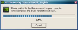 Okno instalacyjne sterownika NVIDIA Display Driver v340.52 pokazujące pasek postępu na poziomie 67%.