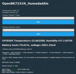 Screenshot of the OpenBK7231N_HumedadAle user interface showing temperature, humidity, battery level, and other details.