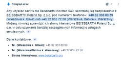 Informacja kontaktowa serwisu Beissbarth Microtec 540 z numerami telefonów i stroną www