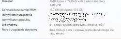 Informacje systemowe laptopa z procesorem AMD Ryzen 7 7735HS i 16 GB RAM.