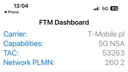 Zrzut ekranu z FTM Dashboard na iPhone, pokazujący szczegóły o sieci T-Mobile, 5G NSA.