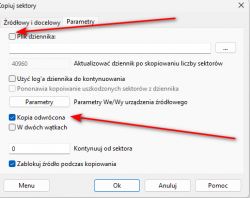 Zrzut ekranu z programu do kopiowania sektorów dysku DMDE, pokazujący opcje konfiguracji.