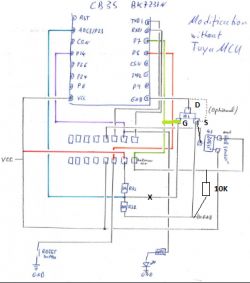 Electronic schematic showing connections between CB3S module, BK7231N chip, MOSFET transistor, and resistor.