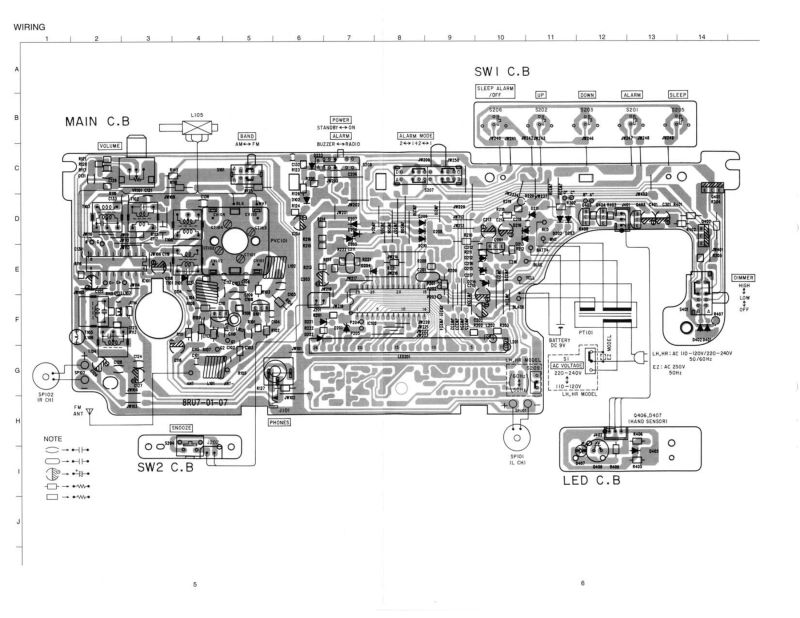 Schemat układu elektronicznego radiobudzika z oznaczeniami komponentów