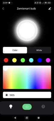 Interface of an app for controlling a Zemismart smart bulb with color and brightness options.