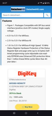 Zrzut ekranu z witryny Datasheet4U pokazujący specyfikację EEPROM M95080