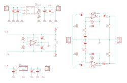 Schemat zasilania i przedwzmacniacza audio z regulatorami oraz wzmacniaczami operacyjnymi