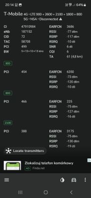 Zrzut ekranu z aplikacji NetMonster przedstawiający parametry sygnału sieci T-Mobile 4G i wyniki pomiarów jakości sygnału na różnych pasmach.