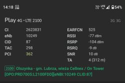 Zrzut ekranu z telefonu z parametrami sieci Play 4G/LTE 2100 i wartościami sygnału